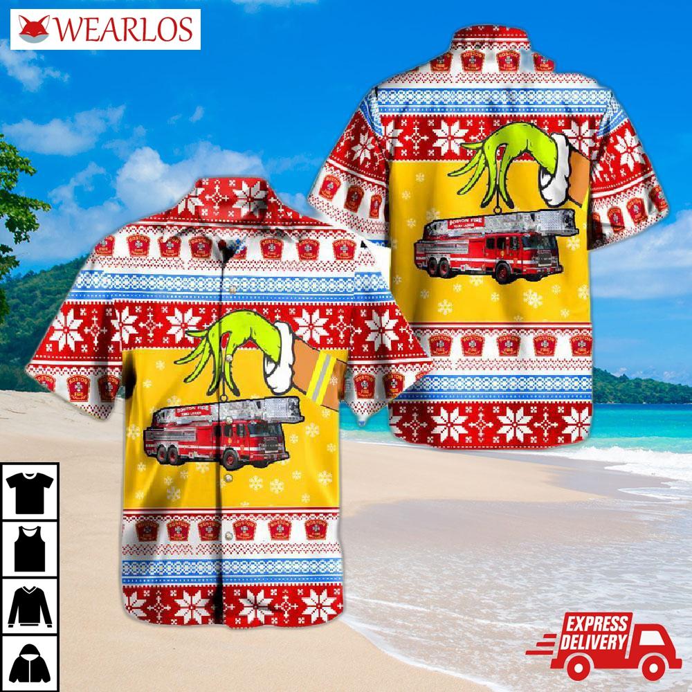 Boston Fire Department Tower Ladder Ugly Christmas Hawaiian Shirt
