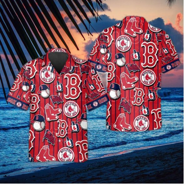 Boston Red Sox Pinstripe Logo Collage Hawaiian Shirt