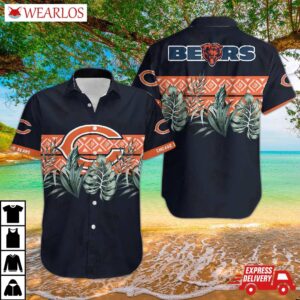Chicago Bears Leaves In Orange Dark Blue Hawaiian Shirt