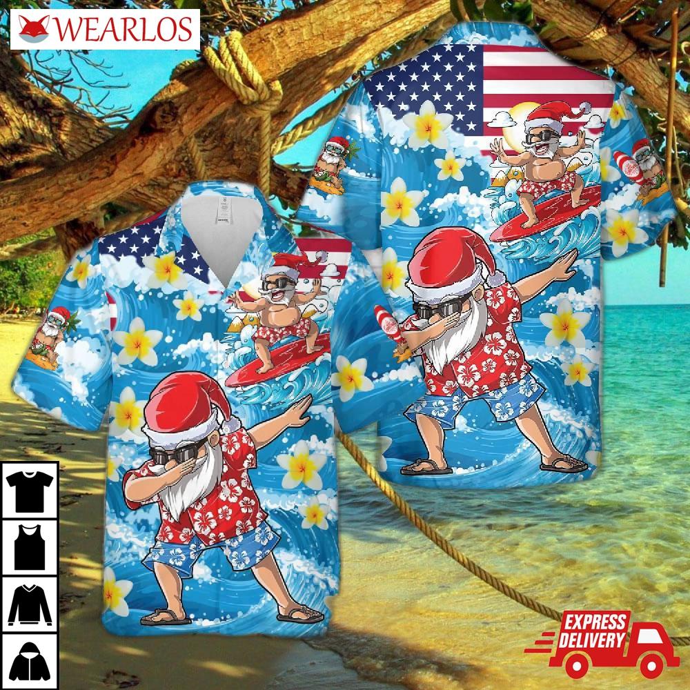 Christmas In July Dabbing Santa Surfing Beach Summer Funny Hawaiian Shirt