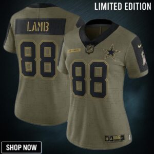Dallas Cowboys Ceedee Lamb 88 Nfl Olive 2021 Salute To Service Retired Player Women Jersey For Fans