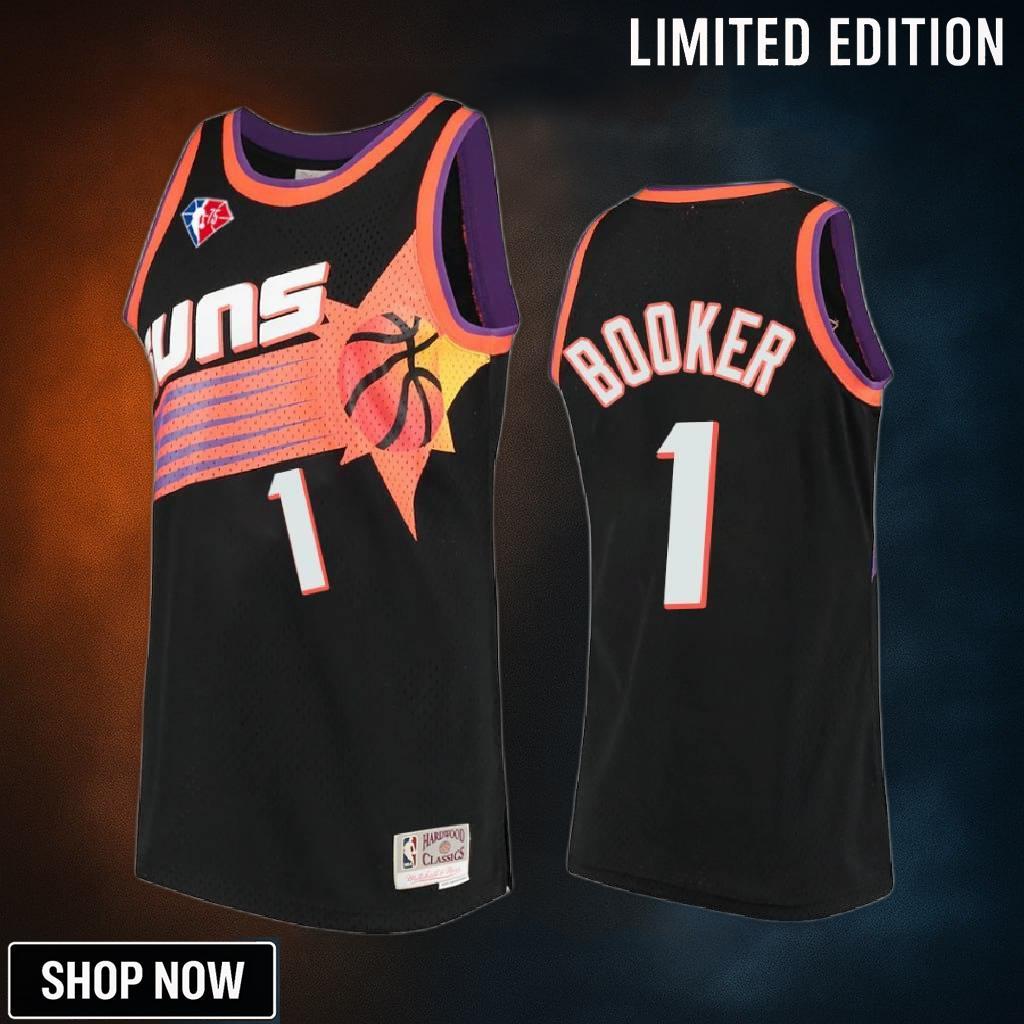 Devin Booker 1 Phoenix Suns 75th Anniversary Logo Black Jersey Throwback