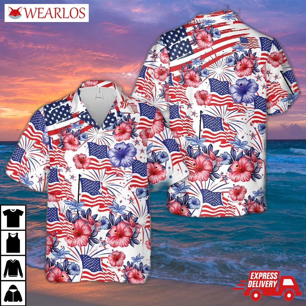 Flower American Flag 4th Of July Hawaiian Shirt