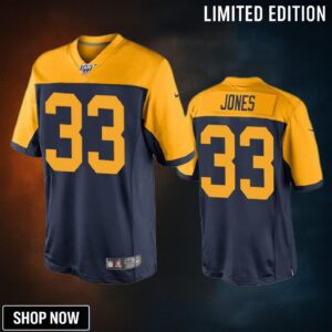 Green Bay Packers Aaron Jones Navy 100th Season Throwback Jersey