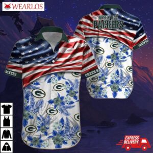 Green Bay Packers American Flag Stripes Floral Hawaiian Shirt