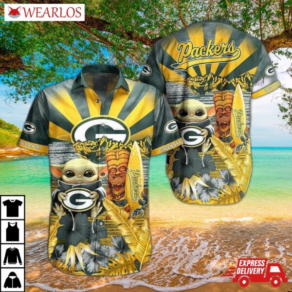Green Bay Packers Tiki Surf Baby Yoda Hawaiian Shirt