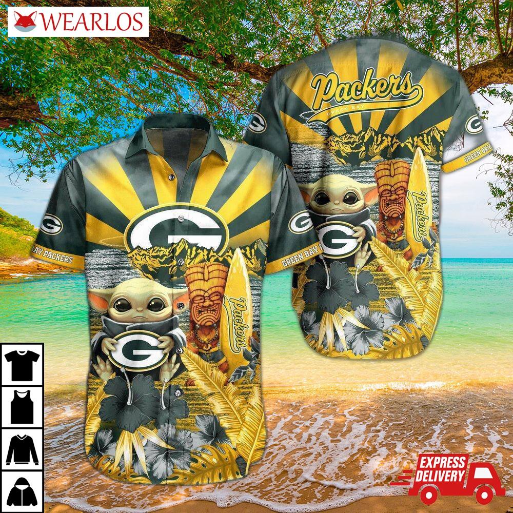 Green Bay Packers Tiki Surf Baby Yoda Hawaiian Shirt