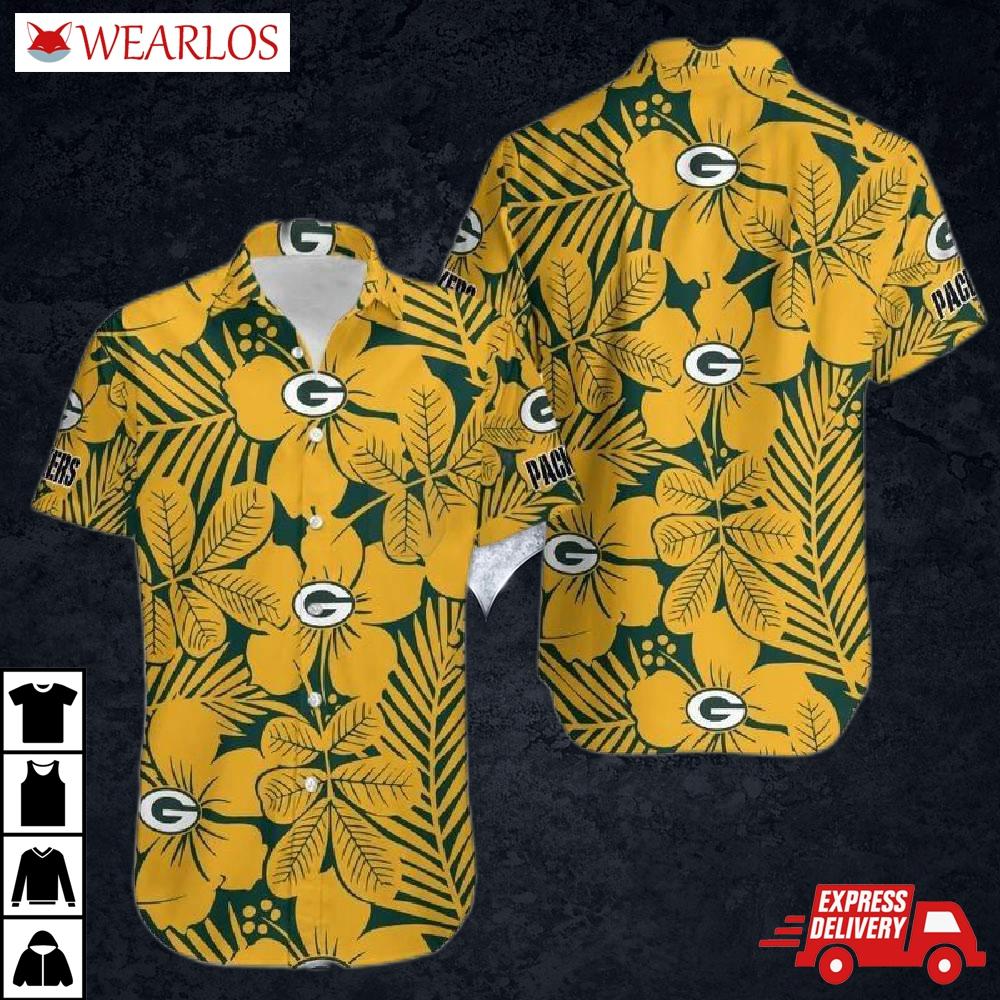 Green Bay Packers Tropical Gold Leaf Hawaiian Shirt