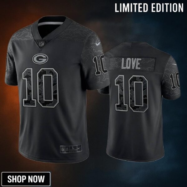 Jordan Love 10 Green Bay Packers Black Reflective Limited Jersey - Men