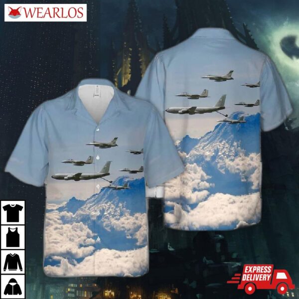 Kc-135 Of The 116th Air Refueling Squadron Over Mount Rainier Washington National Guard Hawaiian Shirt