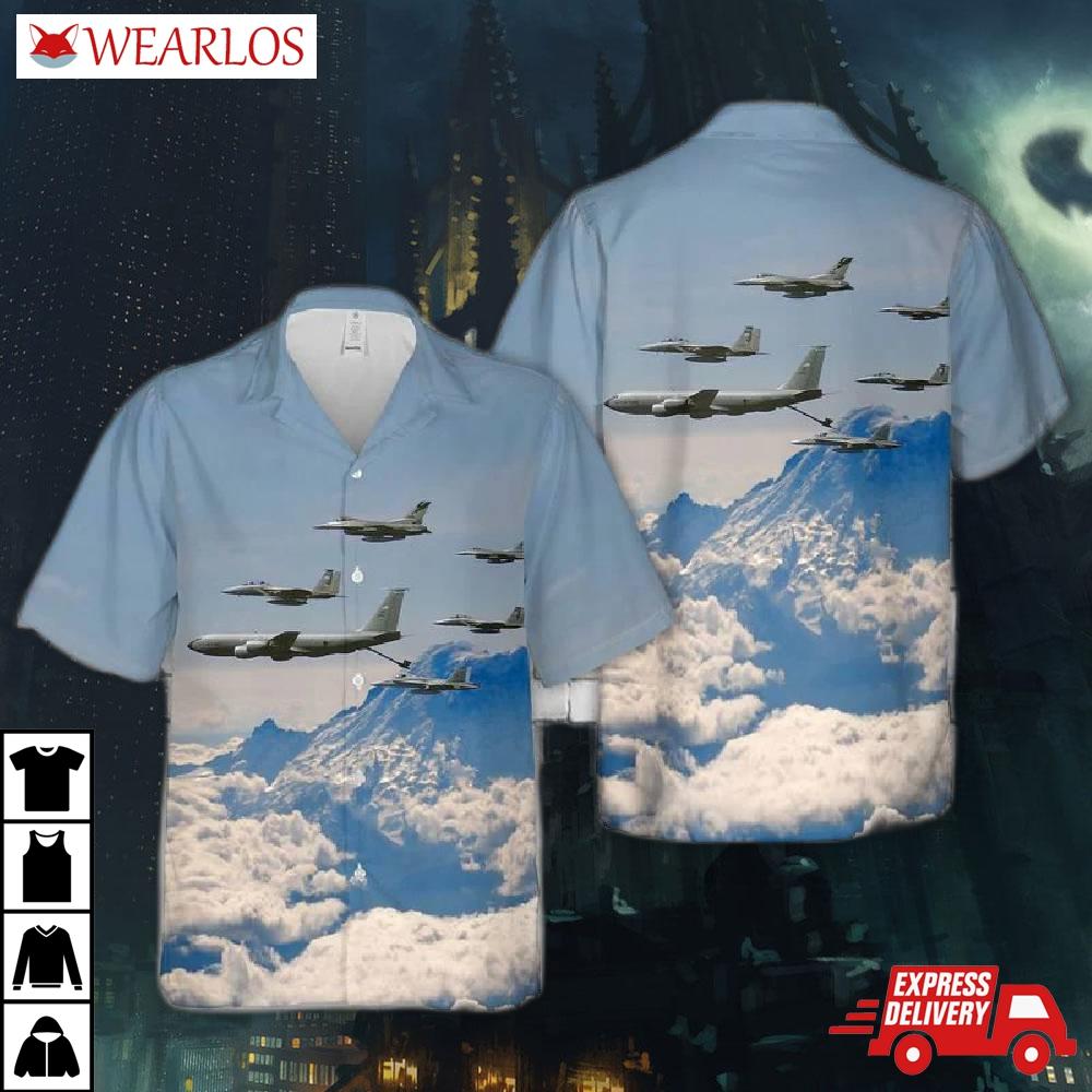 Kc-135 Of The 116th Air Refueling Squadron Over Mount Rainier Washington National Guard Hawaiian Shirt