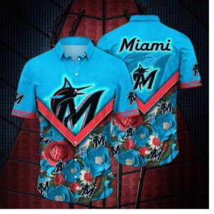 Miami Marlins Chevron Floral Hawaiian Shirt