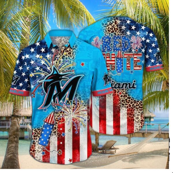 Miami Marlins Fireworks & Leopard Print Hawaiian Shirt