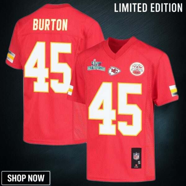 Michael Burton 45 Kansas City Chiefs Super Bowl Lvii Champions Youth Game Jersey - Red