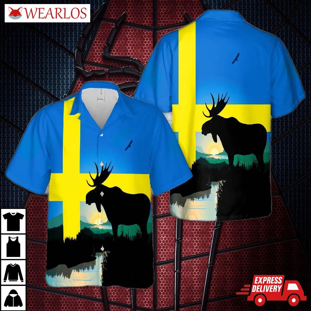 Moose With Swedish Flag Hawaiian Shirt