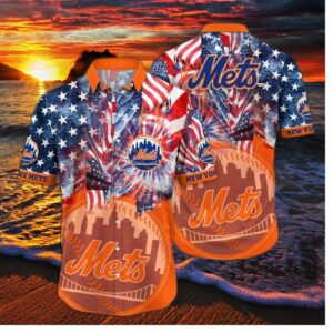 New York Mets American Flag Fireworks Hawaiian Shirt