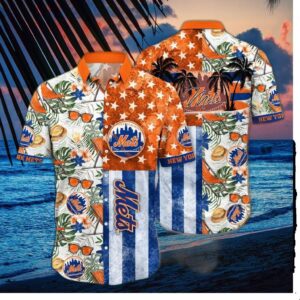 New York Mets Monstera Leaves American Flag Hawaiian Shirt