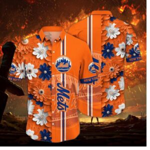 New York Mets Orange & Blue Floral Hawaiian Shirt