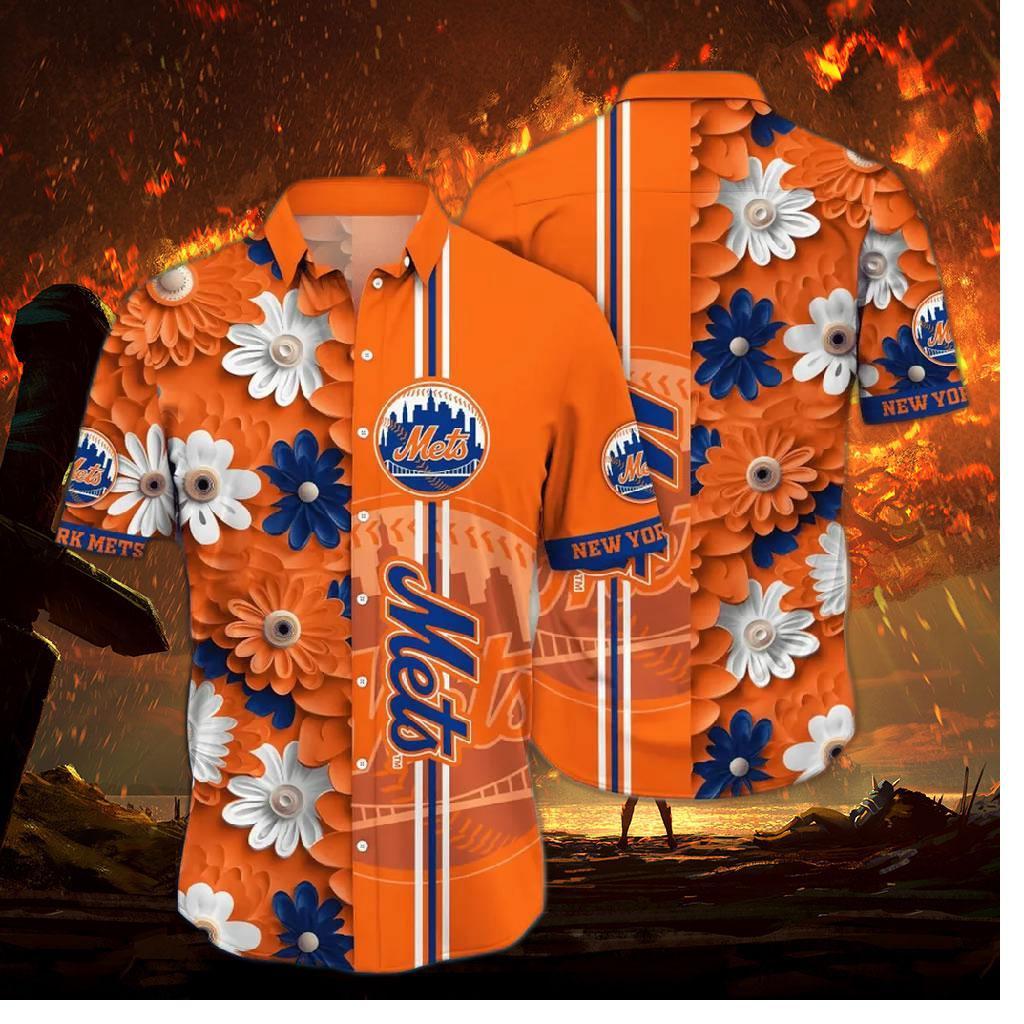 New York Mets Orange & Blue Floral Hawaiian Shirt