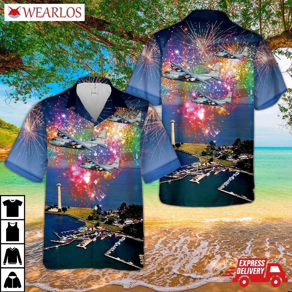 Ohio Air National Guard Lockheed C-130h Hercules 164th Airlift Squadron, 179th Wing 4th Of July Hawaiian Shirt