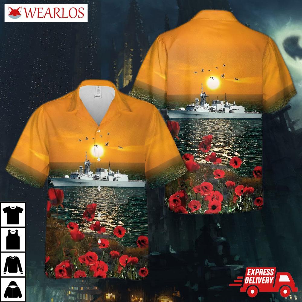Royal Canadian Navy Hmcs Calgary (ffh 335) Halifax-class Frigate Red Poppy Hawaiian Shirt