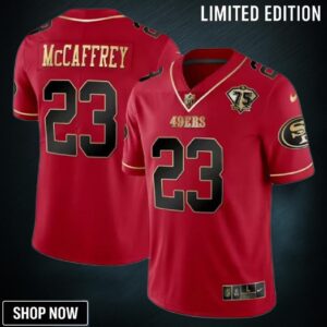 San Francisco 49ers #23 Christian Mccaffrey Red Gold 75 Anniversary Patch Limited Jersey