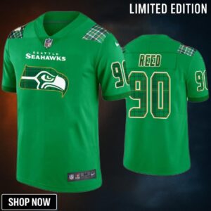 Seattle Seahawks #90 Jarran Reed Jersey St. Patricks Day Kelly Green Lucky - Men