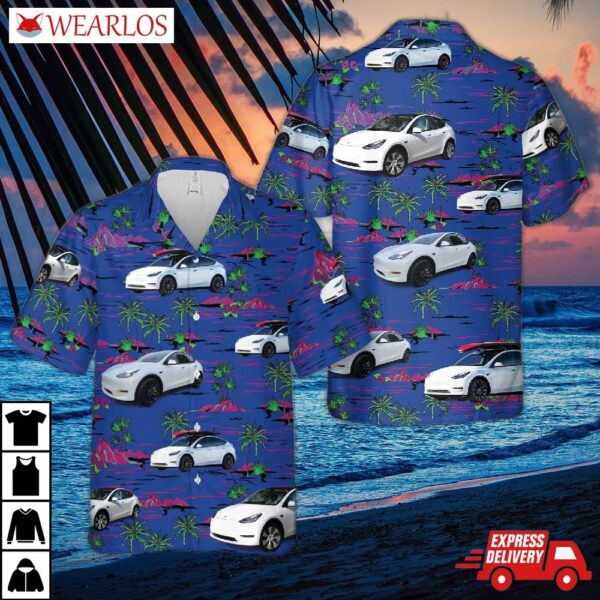 Tesla Model Y White Hawaiian Shirt