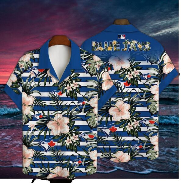 Toronto Blue Jays Hibiscus Stripes Hawaiian Shirt