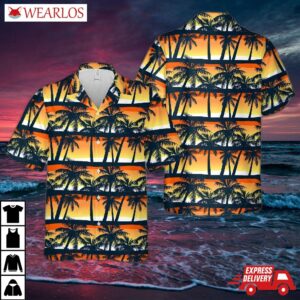 Tropical Palms Trees At Sunset In A Seamless Pattern Hawaiian Shirt