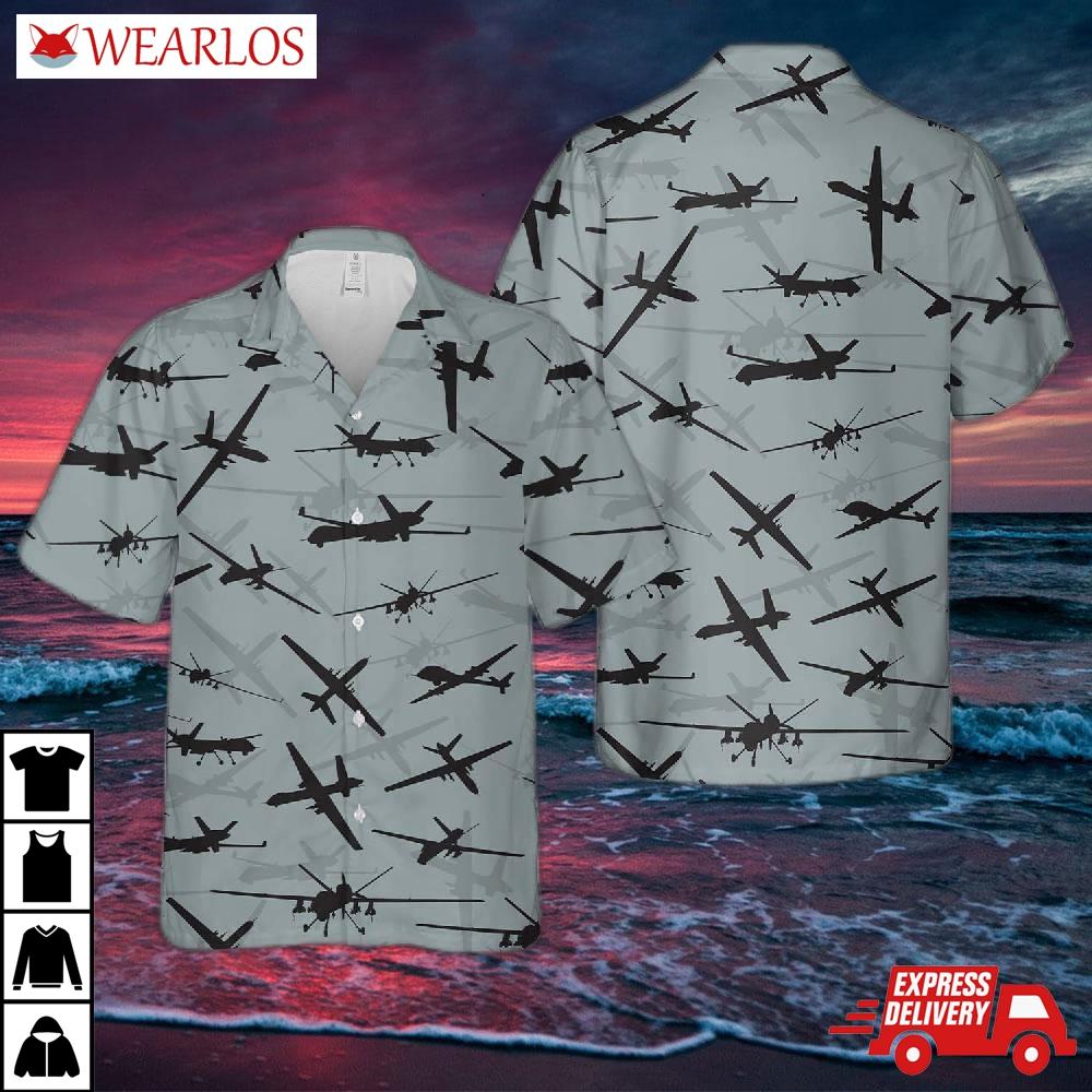 Us Air Force General Atomics Mq-9 Reaper Aircraft Silhouettes Hawaiian Shirt