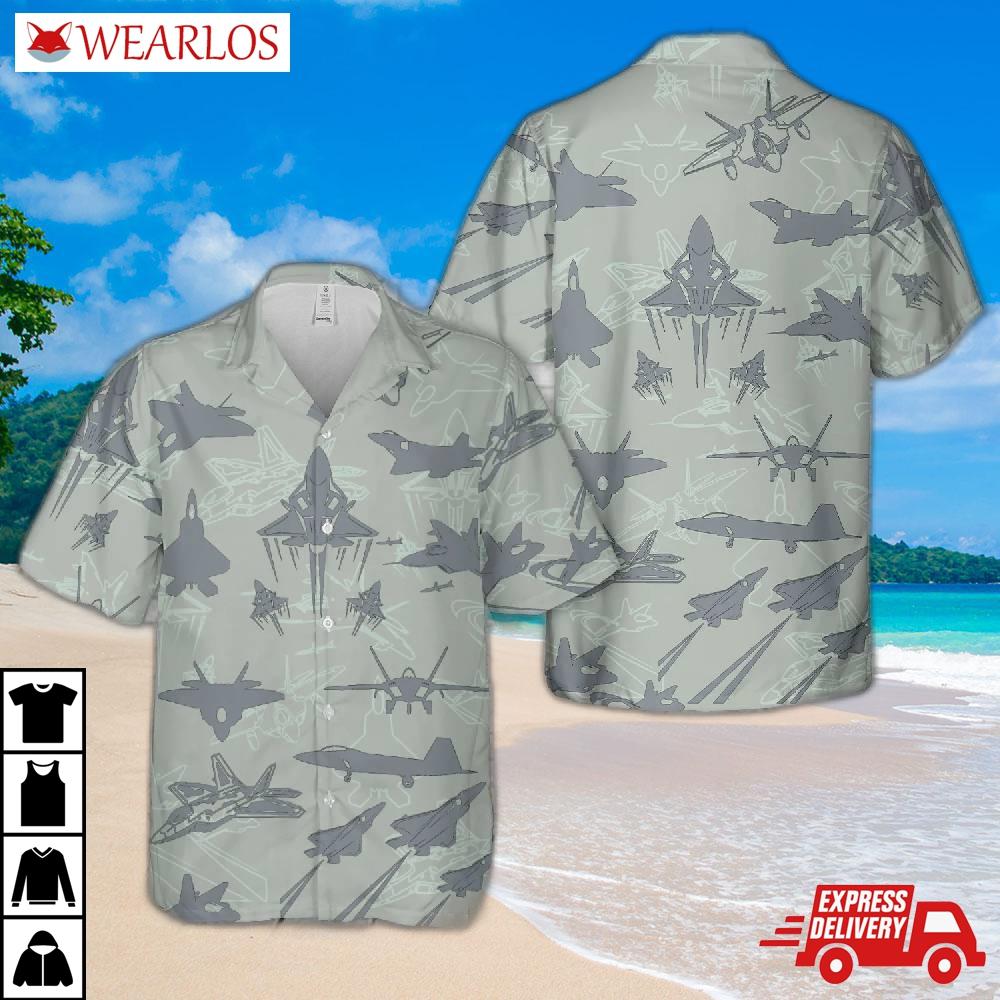 Us Air Force Lockheed Martin F-22 Raptor Aircraft Silhouettes Hawaiian Shirt