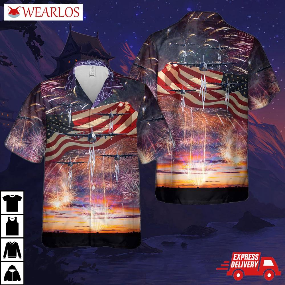 Us Air Force Michigan National Guard C-130e Hercules Aircraft From 171st Airlift Squadron, 4th Of July Hawaiian Shirt