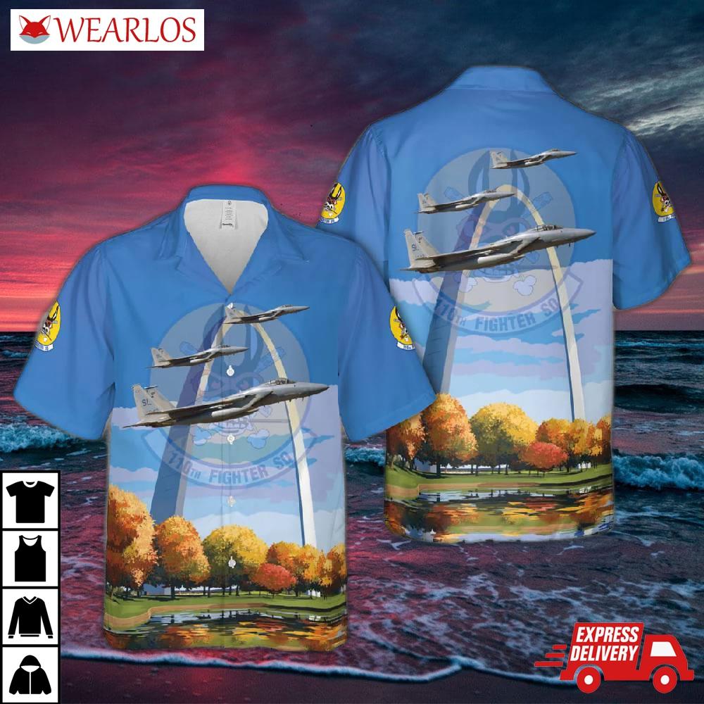 Us Air Force Missouri National Guard 110th Fighter Squadron Mcdonnell Douglas F-15c Eagle Over St Louis Gateway Arch Hawaiian Shirt