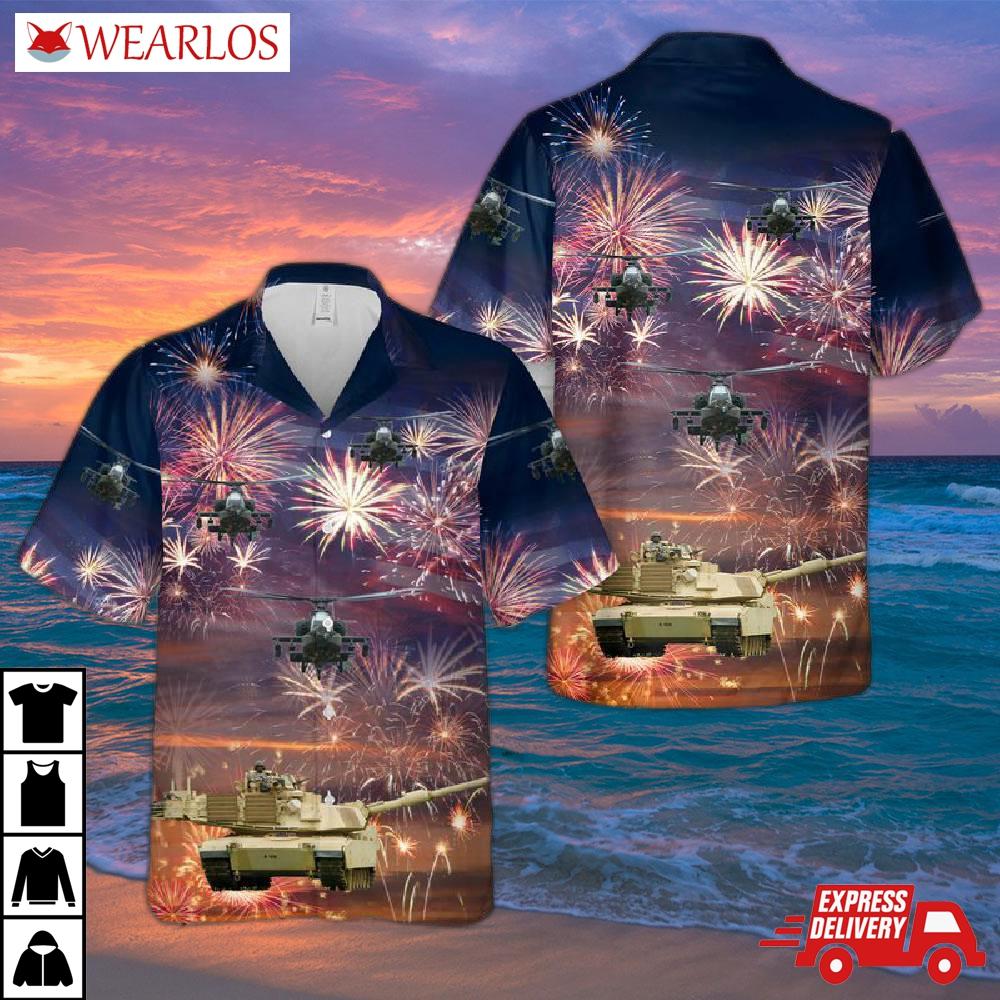 Us Army M1 Abrams Main Battle Tank And A Ah-64 Attack Helicopter Firework Hawaiian Shirt