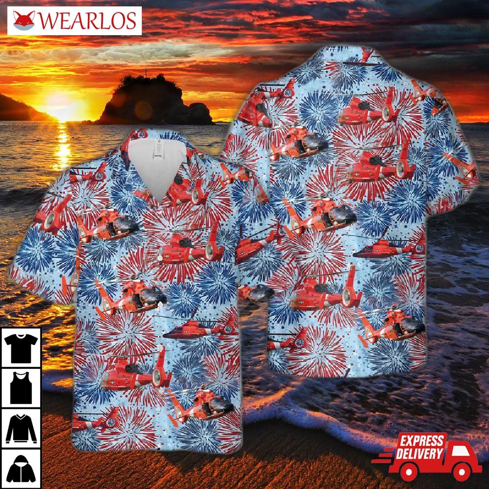 Us Coast Guard Eurocopter Mh-65 Dolphin Helicopter Firework Hawaiian Shirt