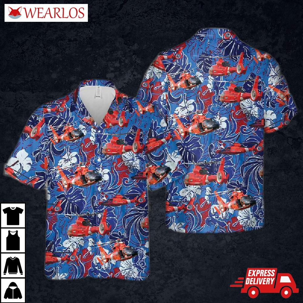 Us Coast Guard Eurocopter Mh-65 Dolphin Helicopter Firework Hawaiian Shirt