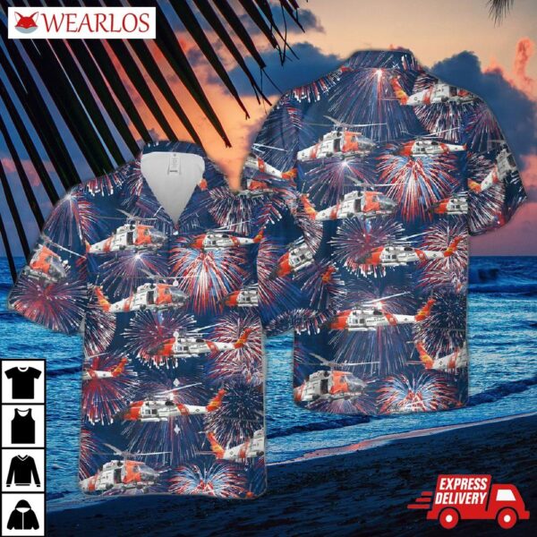 Us Coast Guard Sikorsky Mh-60 Jayhawk Helicopter Firework Hawaiian Shirt