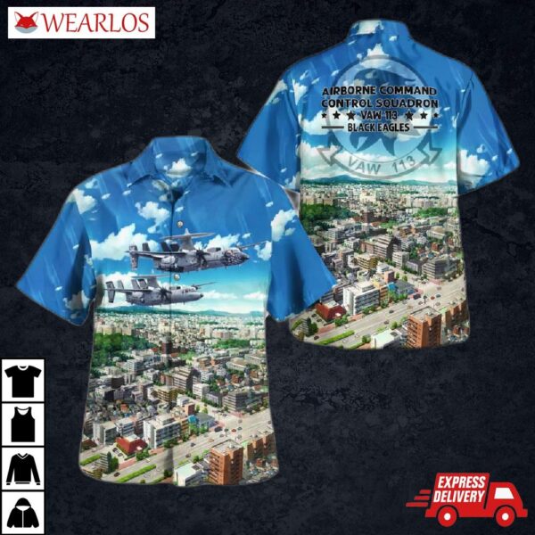 Us Navy Airborne Command & Control Squadron 113 (vaw-113) E-2a Hawkeye Black Eagles Hawaiian Shirt