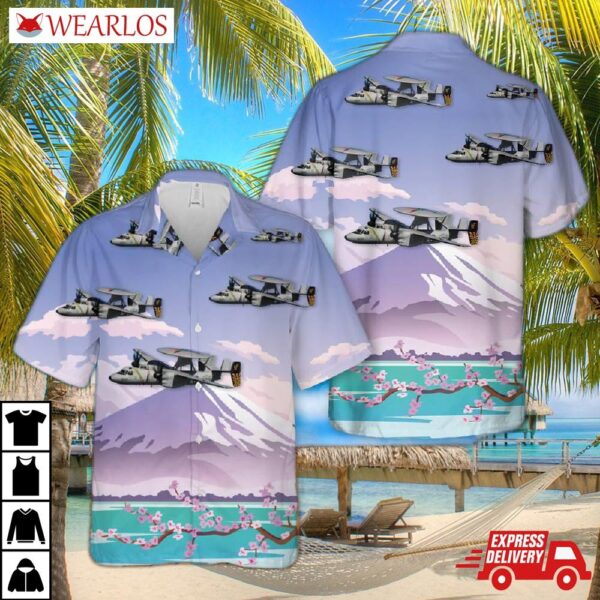 Us Navy E-2c Hawkeyes Of Vaw-115 "liberty Bells" Flying By Mount Fuji, Japan Hawaiian Shirt