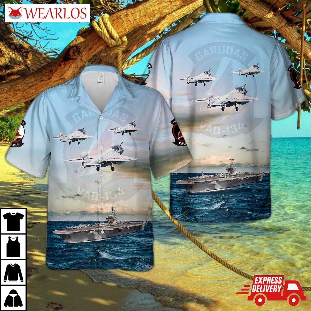 Us Navy Ea-6b Prowler Of Electronic Attack Squadron 134 (vaq-134) And Uss (cvn 77) Hawaiian Shirt