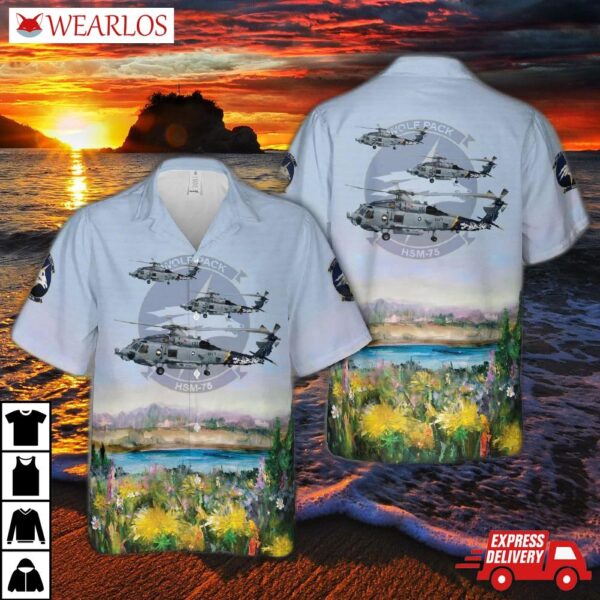 Us Navy Helicopter Maritime Strike Squadron 75 (helmarstrikeron 75) Hsm-75 Wolfpack Mh-60r Seahawk Hawaiian Shirt