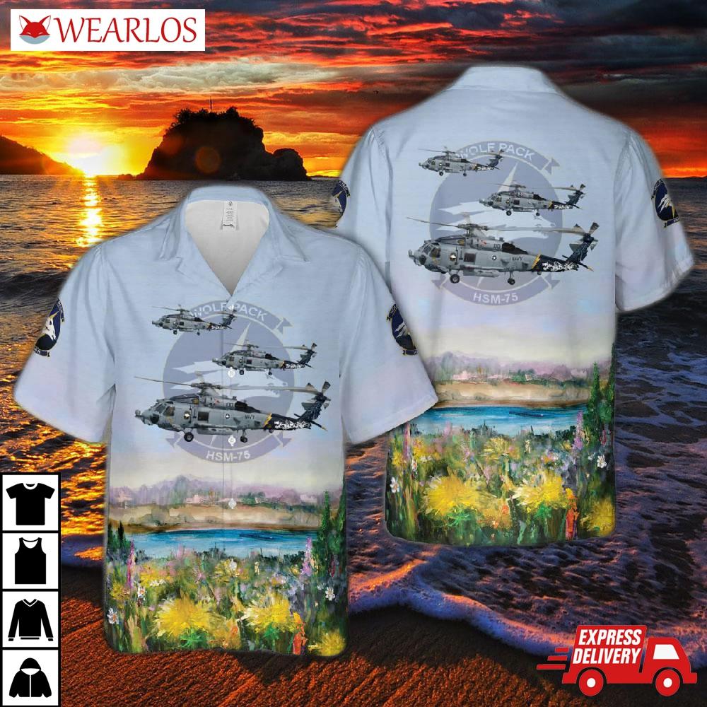 Us Navy Helicopter Maritime Strike Squadron 75 (helmarstrikeron 75) Hsm-75 Wolfpack Mh-60r Seahawk Hawaiian Shirt