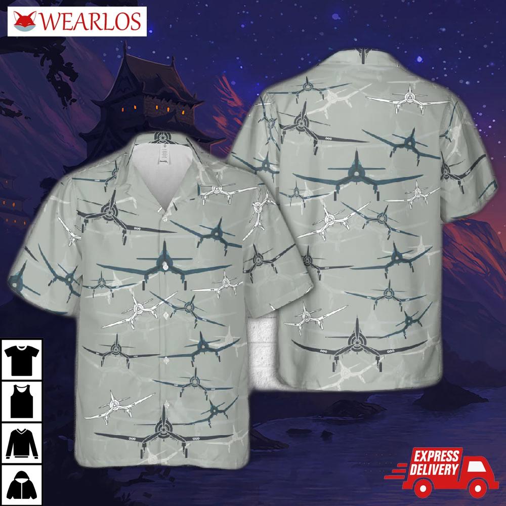 Vought F4u-1 Corsair Fighter Aircraft Silhouette Hawaiian Shirt