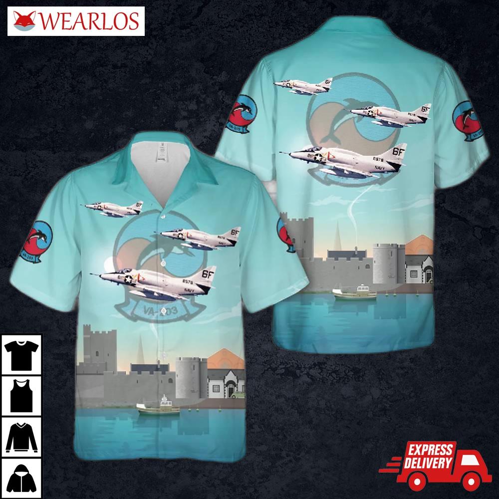 Us Navy A-4l Skyhawk Of Attack Squadron 203 (va-203) Blue Dolphins Hawaiian Shirt
