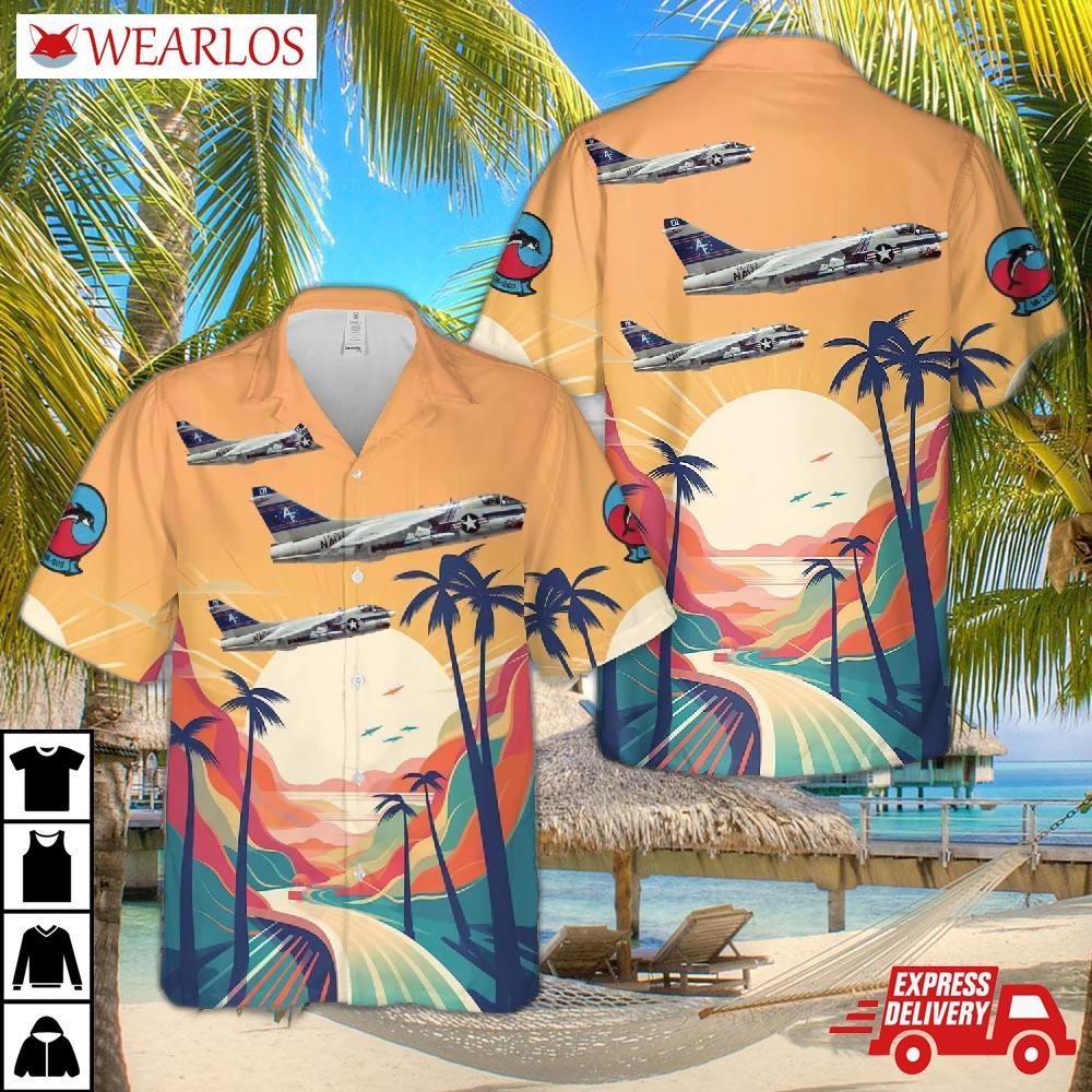 Us Navy A-7b Corsair Ii Of Attack Squadron 203 (va-203) Blue Dolphins Hawaiian Shirt