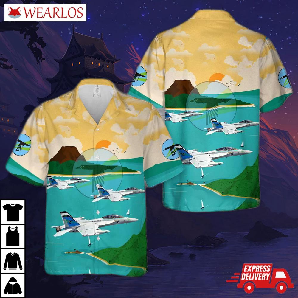 Us Navy Electronic Attack Squadron 135 (vaqron 135) Vaq-135 'black Ravens' Hawaiian Shirt